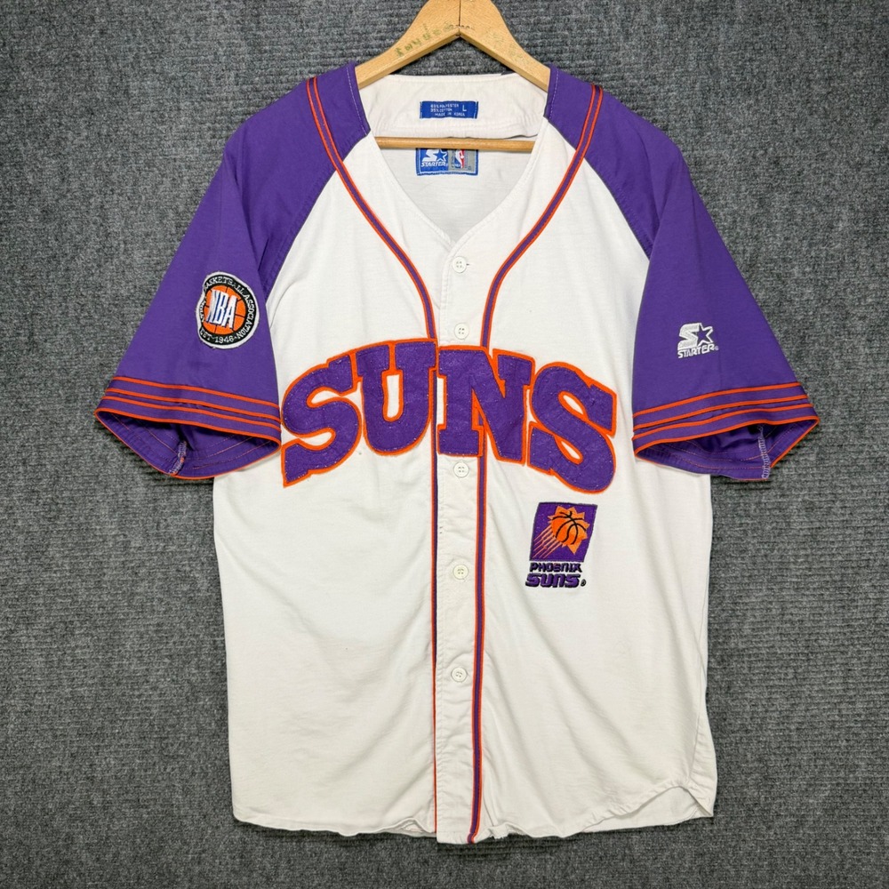 Vintage Starter Phoenix Suns NBA Baseball Jersey Mens Large White Purple 90s